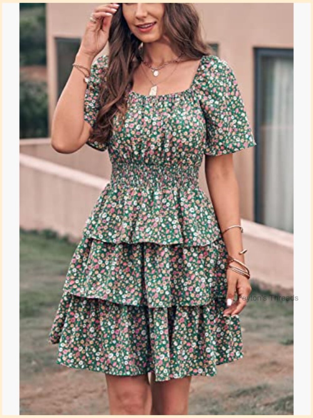 Boho Floral Tiered Ruffle Mini Dress Square Neck Short Sleeve Summer - Picture 3 of 7